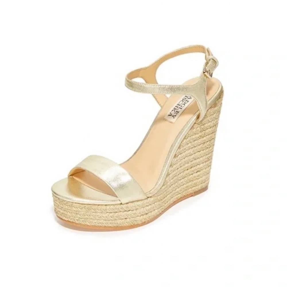 Badgley Mishka Bermuda Wedges Metallic Gold Espadrille Sz 8.5
